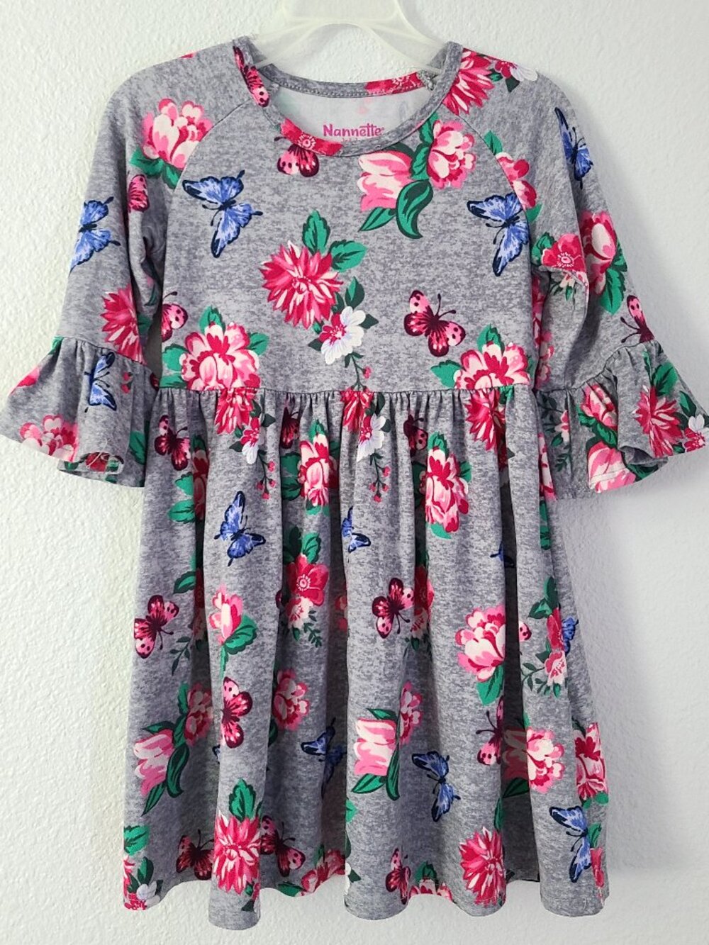Nannette Kids Gray Floral Butterfly Bell Sleeve Dress Girls Size 5